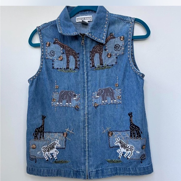 Dress Barn Jackets & Blazers - Vintage Dress Barn blue denim vest African zoo animal patches appliqué
